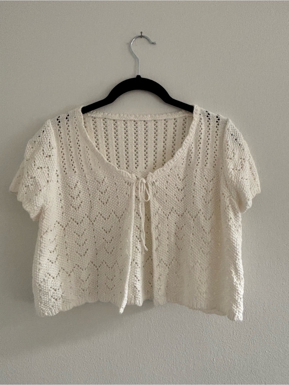 Cream Knit Short Sleeve Tie-Front Top
